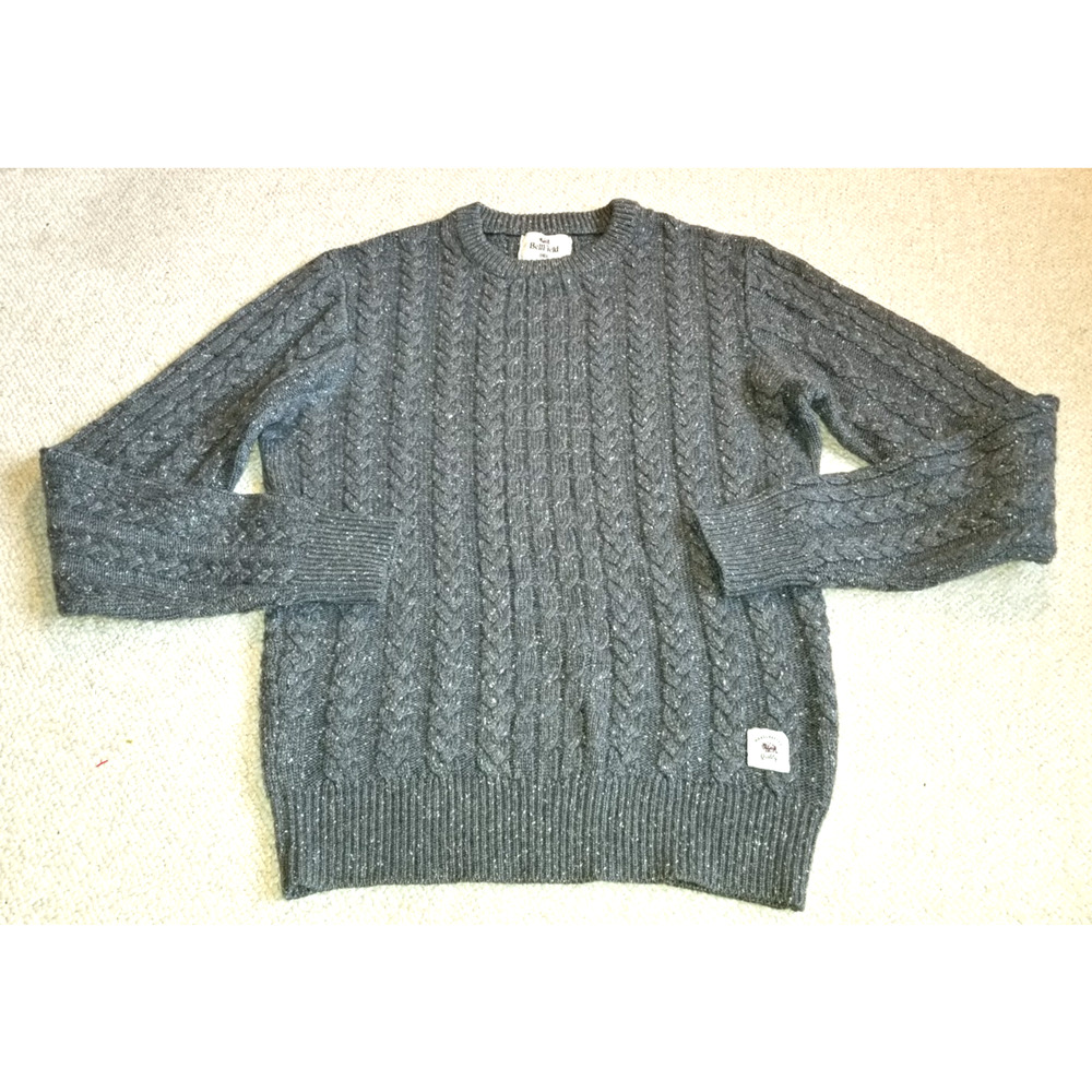 Mens Sweater-BELLFIELD-ENGLAND-gray wool marled cableknit Classic pullover-M